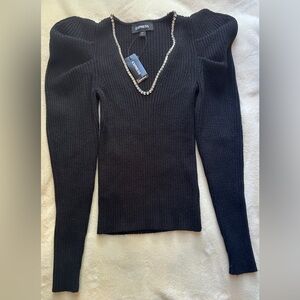 Express Black Sweater with Crystal Necklace Accent